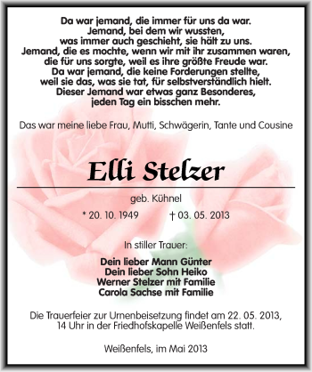 Traueranzeige von Elli Stelzer von Mitteldeutsche Zeitung Weißenfels
