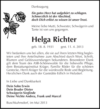 Traueranzeige von Helga Richter von Mitteldeutsche Zeitung Wittenberg