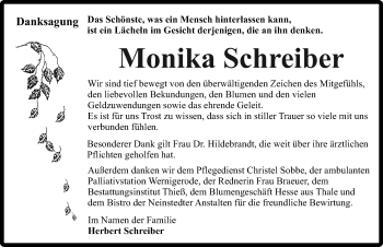 Traueranzeige von Monika Schreiber von Mitteldeutsche Zeitung Quedlinburg