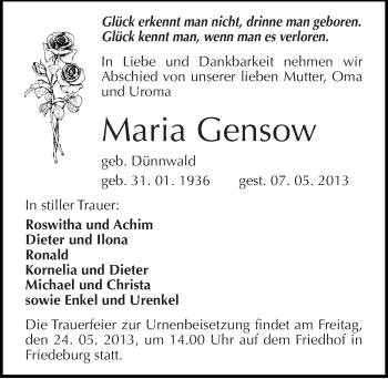 Traueranzeige von Maria Gensow von Mitteldeutsche Zeitung Aschersleben
