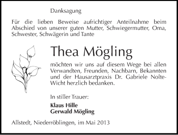 Traueranzeige von Thea Mögling von Mitteldeutsche Zeitung Sangerhausen