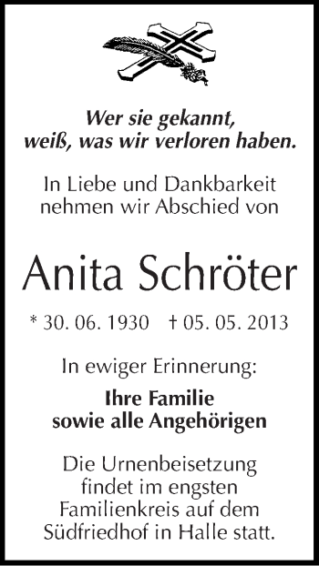 Traueranzeige von Anita Schröter von Mitteldeutsche Zeitung Halle/Saalkreis