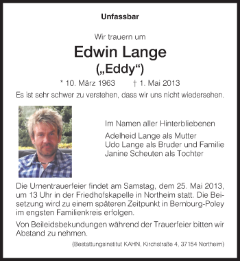 Traueranzeige von Edwin Lange von Mitteldeutsche Zeitung Bernburg