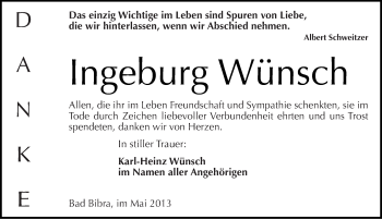 Traueranzeige von Ingeburg Wünsch von Mitteldeutsche Zeitung Naumburg/Nebra