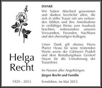Traueranzeige von Helga Recht von Mitteldeutsche Zeitung