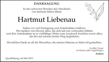 Traueranzeige von Hartmut Liebenau von Mitteldeutsche Zeitung Quedlinburg