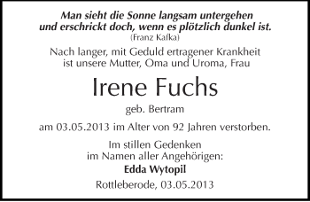 Traueranzeige von Irene Fuchs von Mitteldeutsche Zeitung Sangerhausen