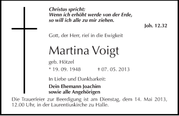 Traueranzeige von Martina Voigt von Mitteldeutsche Zeitung Halle/Saalkreis