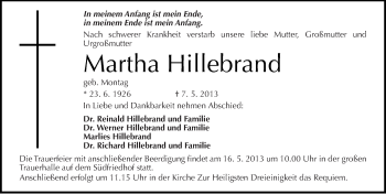 Traueranzeige von Martha Hillebrand von Mitteldeutsche Zeitung Halle/Saalkreis