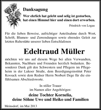 Traueranzeige von Edeltraud Müller von Mitteldeutsche Zeitung Dessau-Roßlau