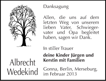 Traueranzeige von Albrecht Wedekind von Mitteldeutsche Zeitung Sangerhausen