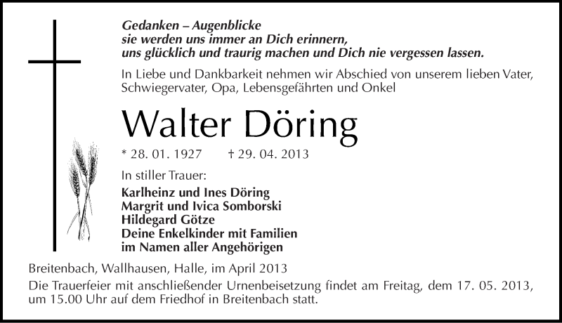  Traueranzeige für Walter Döring vom 11.05.2013 aus Mitteldeutsche Zeitung Sangerhausen