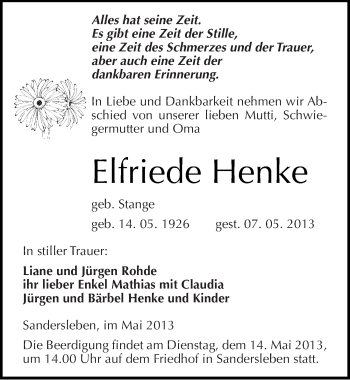 Traueranzeige von Elfriede Henke von Mitteldeutsche Zeitung Aschersleben