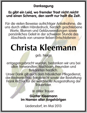Traueranzeige von Christa Kleemann von Mitteldeutsche Zeitung Sangerhausen