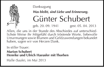 Traueranzeige von Günter Schubert von Mitteldeutsche Zeitung Halle/Saalkreis