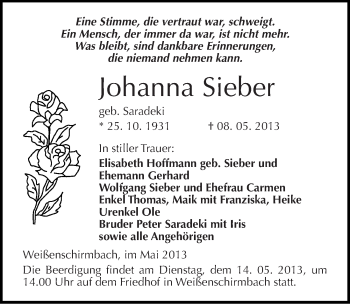 Traueranzeige von Johanna Sieber von Mitteldeutsche Zeitung Merseburg/Querfurt