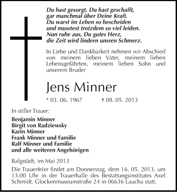 Traueranzeige von Jens Minner von Mitteldeutsche Zeitung Naumburg/Nebra