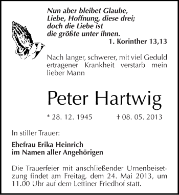 Traueranzeige von Peter Hartwig von Mitteldeutsche Zeitung Halle/Saalkreis