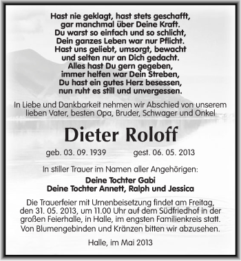 Traueranzeige von Dieter Roloff von Mitteldeutsche Zeitung Halle/Saalkreis