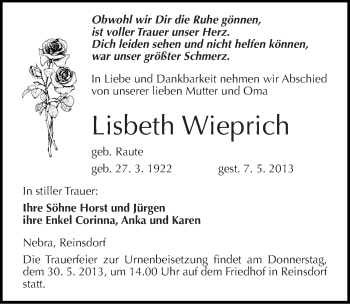 Traueranzeige von Lisbeth Wieprich von Mitteldeutsche Zeitung Naumburg/Nebra