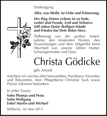 Traueranzeige von Christa Gödicke von Mitteldeutsche Zeitung Weißenfels
