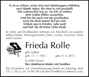 Traueranzeige von Frieda Rolle von Mitteldeutsche Zeitung Halle/Saalkreis