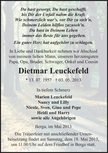 Traueranzeige von Dietmar Leuckefeld von Mitteldeutsche Zeitung Sangerhausen