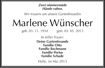 Traueranzeige von Marlene Wünscher von Mitteldeutsche Zeitung Halle/Saalkreis
