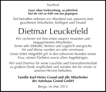 Traueranzeige von Dietmar Leuckefeld von Mitteldeutsche Zeitung Sangerhausen