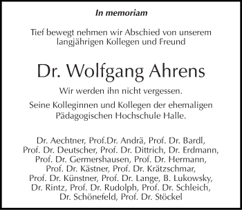 Traueranzeige von Wolfgang Ahrens von Mitteldeutsche Zeitung Halle/Saalkreis