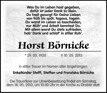 Traueranzeige von Horst Börnicke von Mitteldeutsche Zeitung Halle/Saalkreis