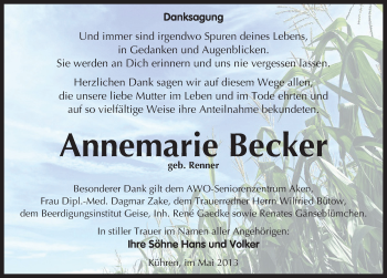 Traueranzeige von Annemarie Becker von Mitteldeutsche Zeitung Köthen