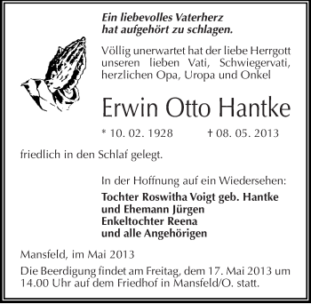 Traueranzeige von Erwin Otto Hantke von Mitteldeutsche Zeitung Aschersleben