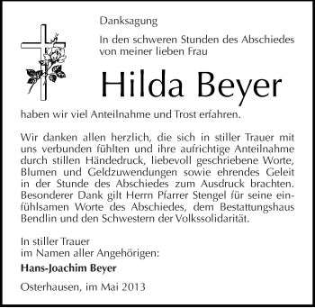 Traueranzeige von Hilda Beyer von Mitteldeutsche Zeitung Aschersleben