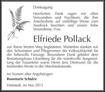 Traueranzeige von Elfriede Pollack von Mitteldeutsche Zeitung Aschersleben