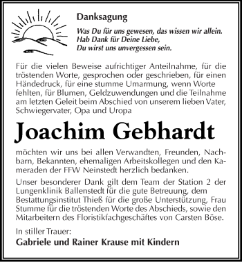 Traueranzeige von Joachim Gebhardt von Mitteldeutsche Zeitung Quedlinburg