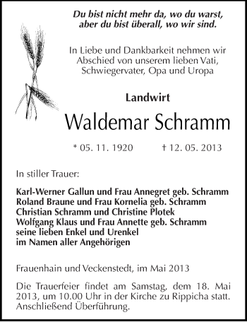 Traueranzeige von Waldemar Schramm von Mitteldeutsche Zeitung Zeitz