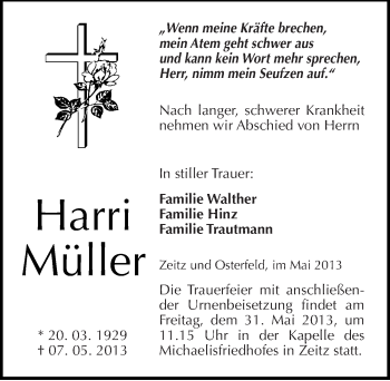 Traueranzeige von Harri Müller von Mitteldeutsche Zeitung Zeitz