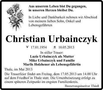 Traueranzeige von Christian Urbainczyk von Mitteldeutsche Zeitung Quedlinburg
