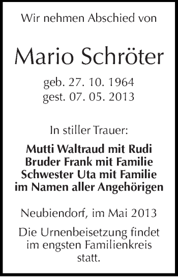 Traueranzeige von Mario Schröter von Mitteldeutsche Zeitung Merseburg/Querfurt