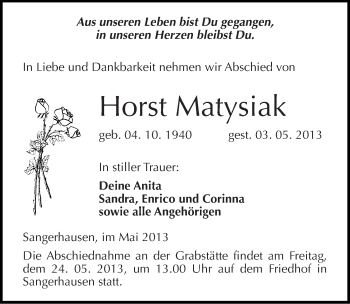 Traueranzeige von Horst Matysiak von Mitteldeutsche Zeitung Sangerhausen