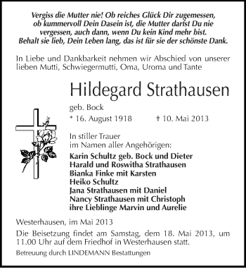 Traueranzeige von Hildegard Strathausen von Mitteldeutsche Zeitung Quedlinburg