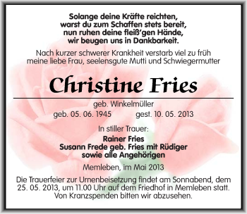 Traueranzeige von Christine Fries von Mitteldeutsche Zeitung Naumburg/Nebra