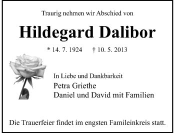 Traueranzeige von Hildegard Dalibor von Mitteldeutsche Zeitung Bitterfeld