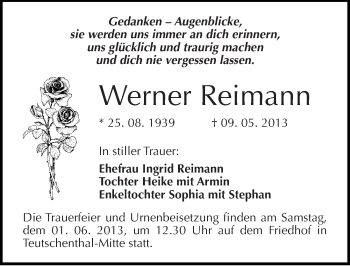 Traueranzeige von Werner Reimann von Mitteldeutsche Zeitung Halle/Saalkreis