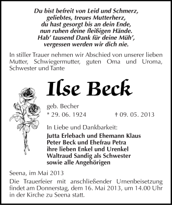 Traueranzeige von Ilse Beck von Mitteldeutsche Zeitung Naumburg/Nebra