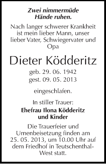Traueranzeige von Dieter Ködderitz von Mitteldeutsche Zeitung Halle/Saalkreis