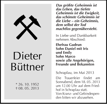 Traueranzeige von Dieter Büttner von Mitteldeutsche Zeitung Aschersleben