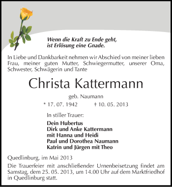 Traueranzeige von Christa Kattermann von Mitteldeutsche Zeitung Quedlinburg