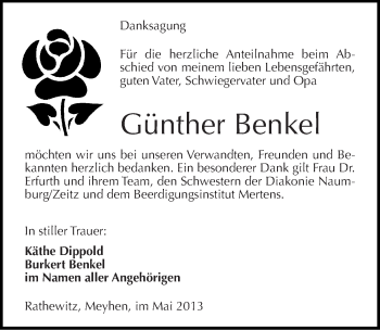 Traueranzeige von Günther Benkel von Mitteldeutsche Zeitung Naumburg/Nebra